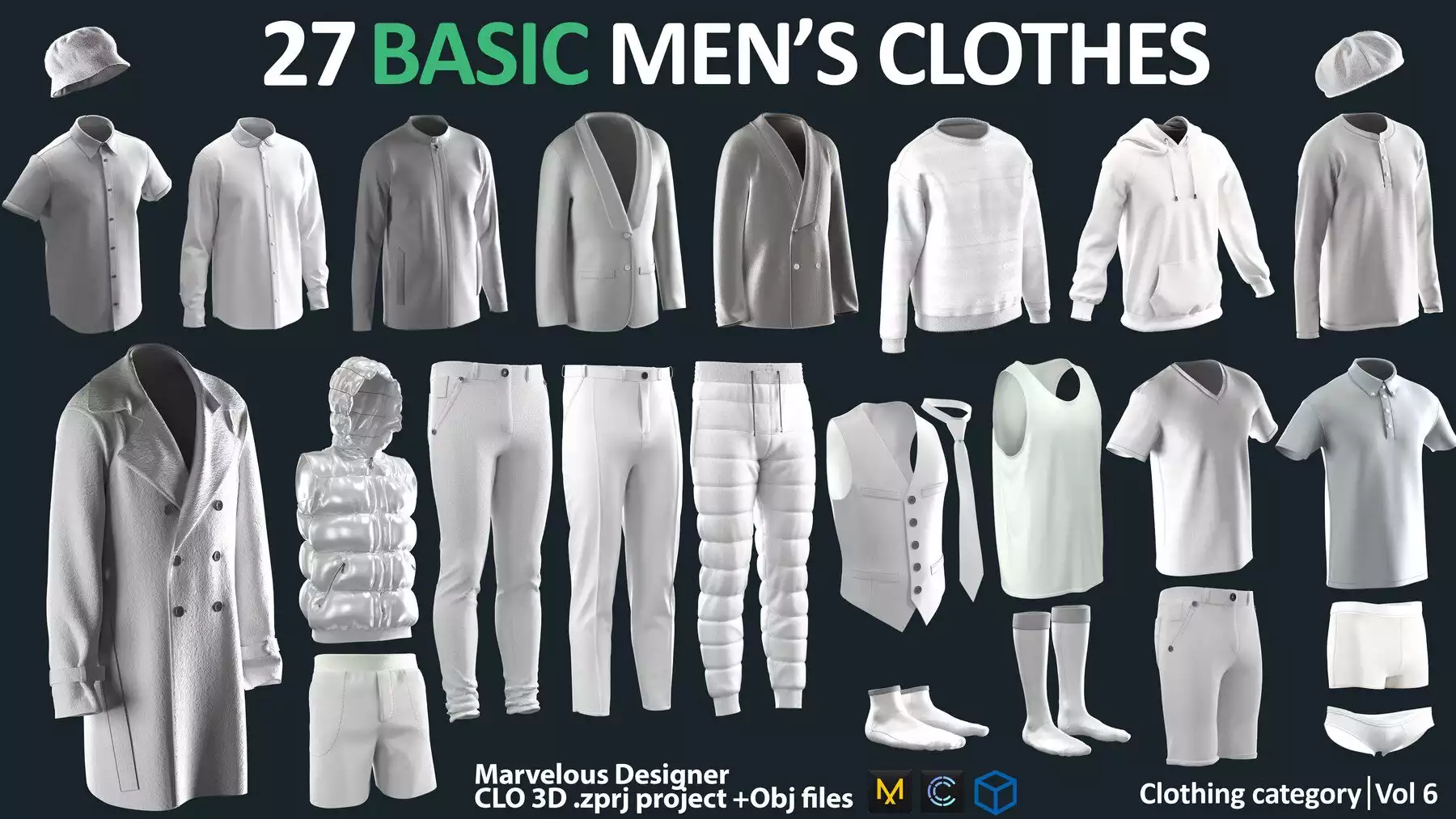 27 BASIC MEN'S CLOTHES PACK / Marvelous Designer / ZPRJ