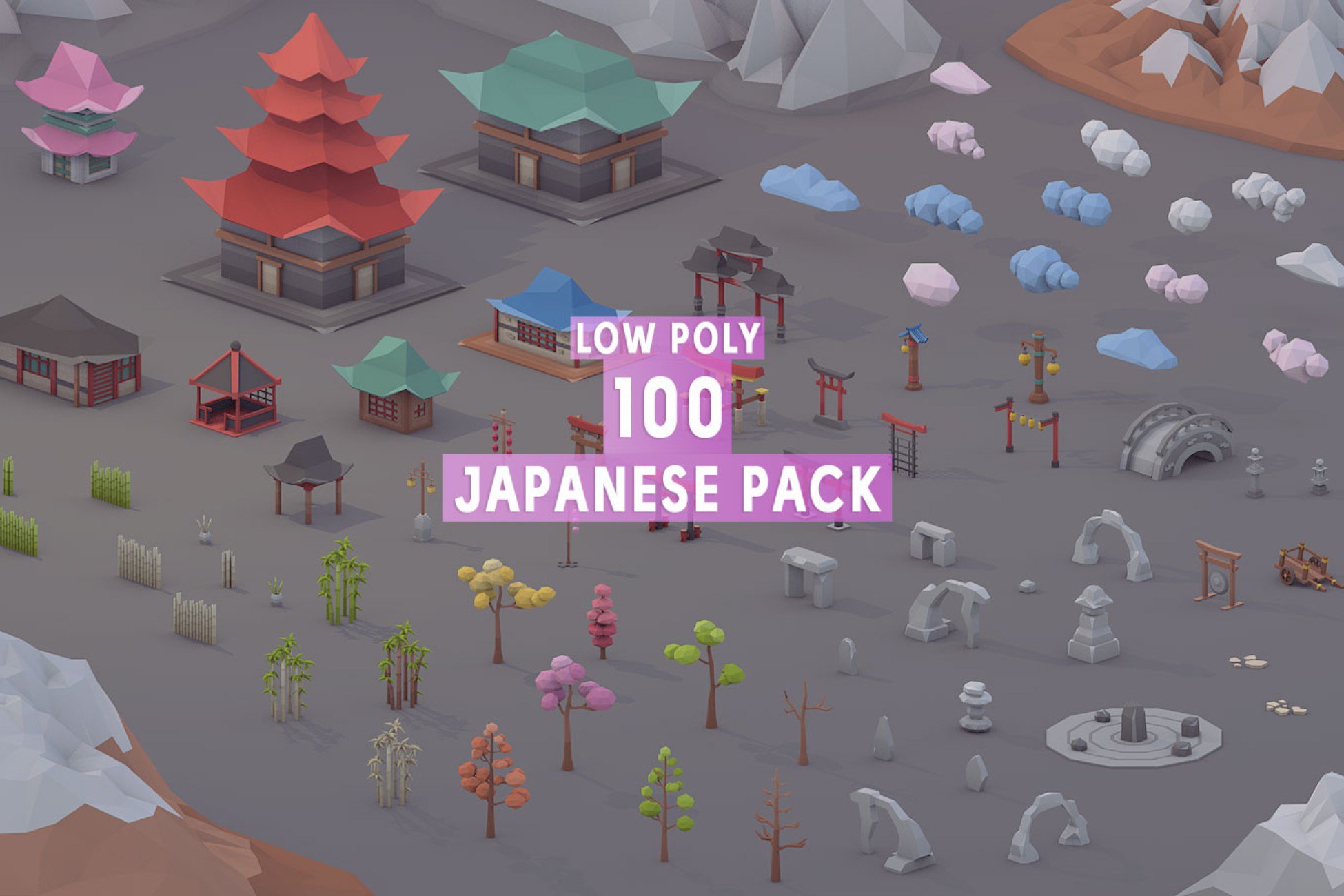 3D Low Poly 100 Japanese Assets